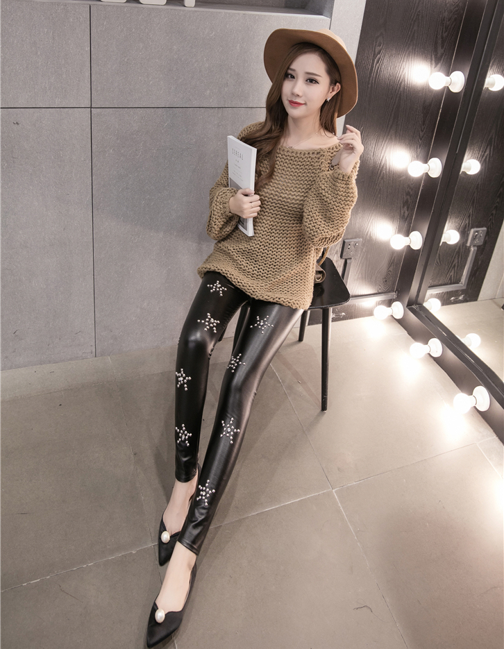 SZ60085 Women Trendy Studded Lace Rivet Leggings Thermal Faux Leather Pants